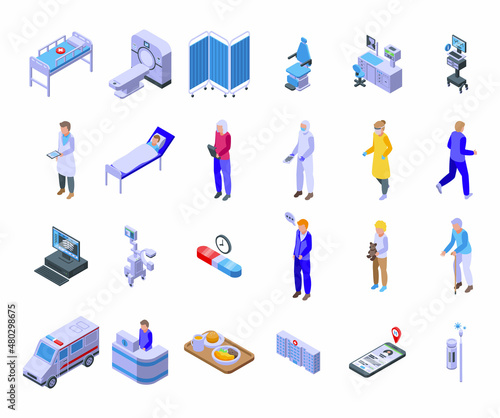 Hospitalization icons set isometric vector. Medical health. Nurse bed
