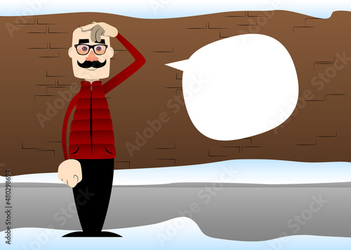 Funny cartoon man dressed for winter confused, scratching his head. Vector illustration.