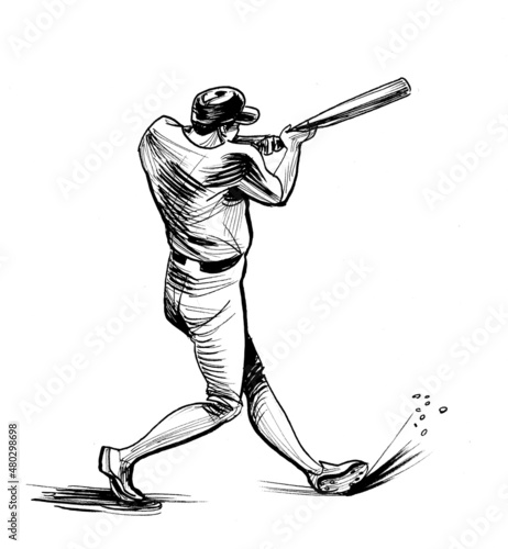 Canvas Print Baseball player with a bat. Ink black and white drawing