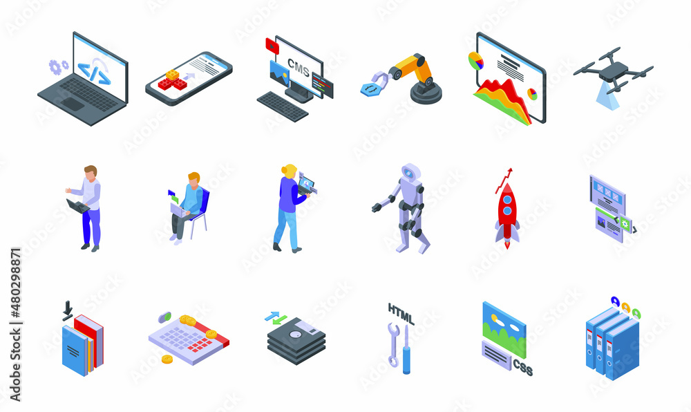 Cms development icons set isometric vector. Data code. Work application Cms development icons set isometric vector. Data code. Work application