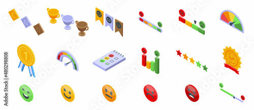 Satisfaction level icons set isometric vector. Customer smile. Good face