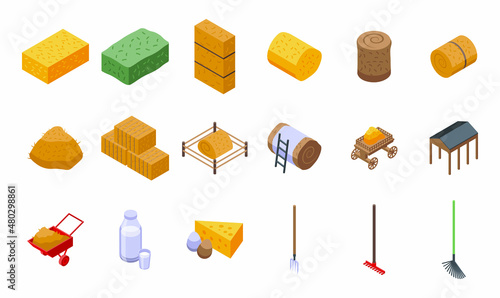 Bale of hay icons set isometric vector. Agriculture hay. Bale haystack