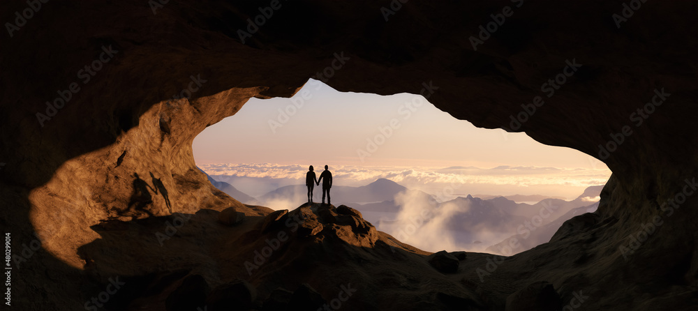 Dramatic Adventurous Scene with Man and Woman holding hands inside a Rocky Cave Landscape. 3d Rendering. Sunset Sky. Aerial Mountain Image from British Columbia, Canada. Adventure Concept