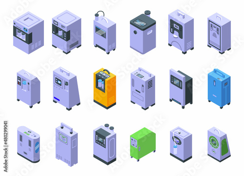 Medical oxygen concentrator icons set isometric vector. Doctor aid. Clinic oxygen