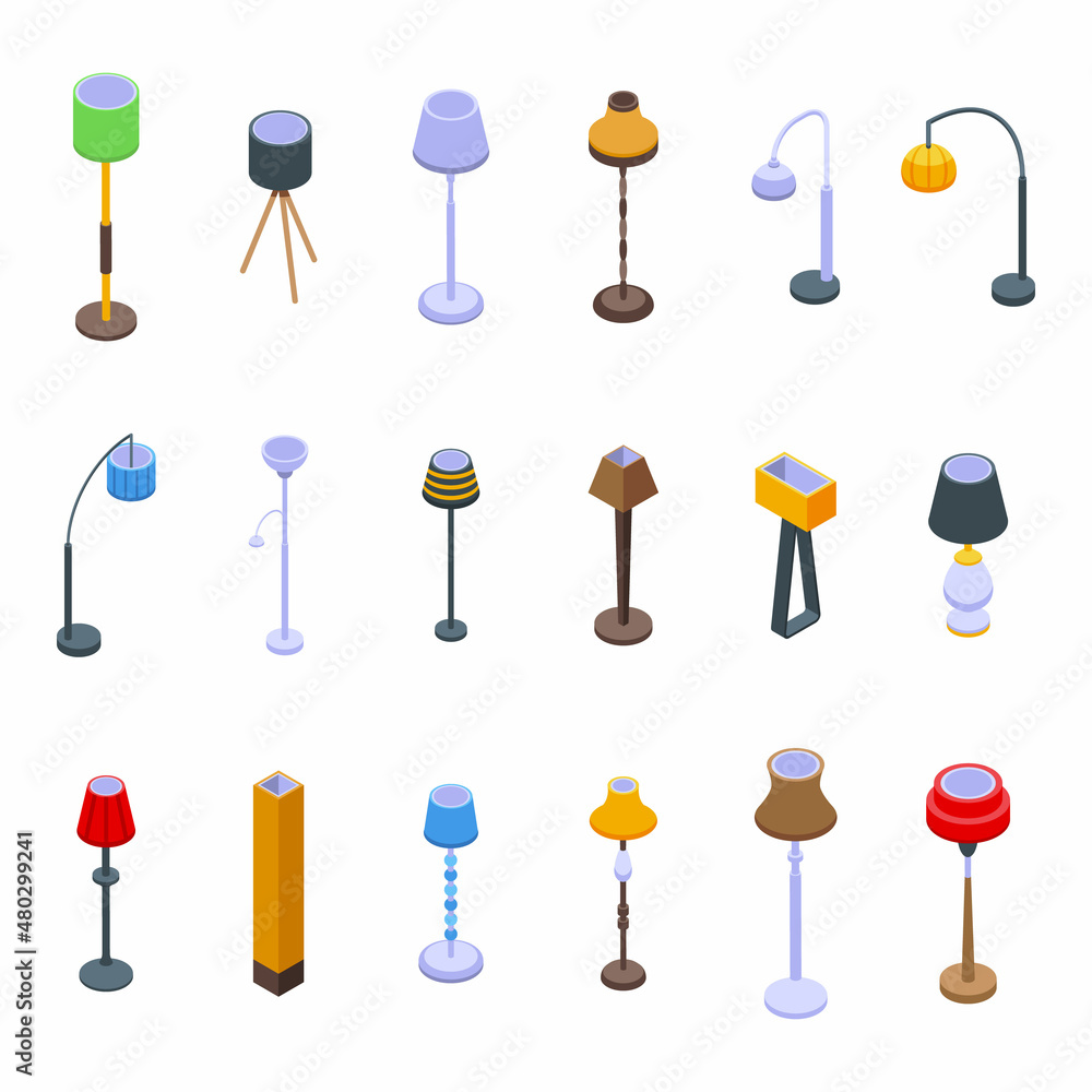 Torchere icons set isometric vector. Light lamp. Apartment spotlight Torchere icons set isometric vector. Light lamp. Apartment spotlight