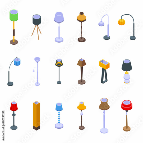 Torchere icons set isometric vector. Light lamp. Apartment spotlight