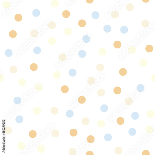 Seamless pattern with circles. Abstract geometric pattern with pink, blue and orange circles. Random, chaotic pastel background with cute bubbles.
