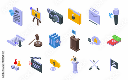 Copyright law icons set isometric vector. Author contract. Commercial rights