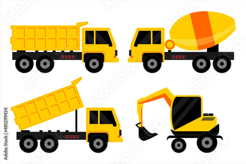 Vehicle sets. Dump trucks, forklifts and tractors. Vehicle for building construction vector illustration 