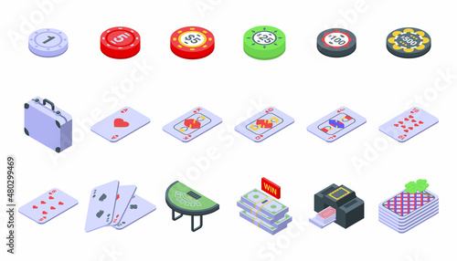 Black jack icons set isometric vector. Card play. Casino poker