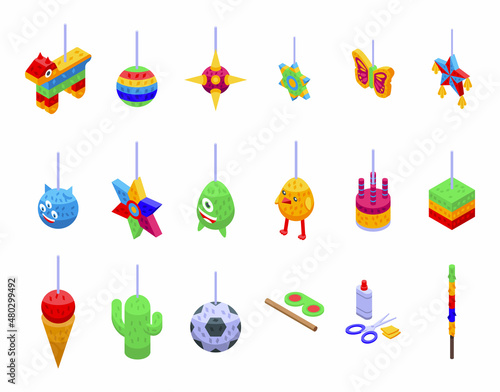 Mexican pinata icons set isometric vector. Holiday animal. Children ball