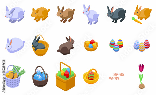 Easter bunny icons set isometric vector. Happy rabbit. Cute animal