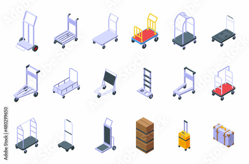 Luggage trolley icons set isometric vector. Business bag. Carriage suitcase