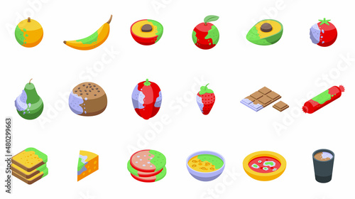 Food contamination icons set isometric vector. Spoiled rotten. Touch virus