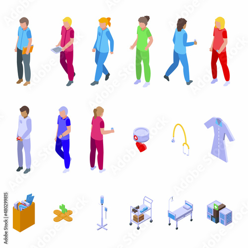 Nursing assistant icons set isometric vector. Old people. Elder care