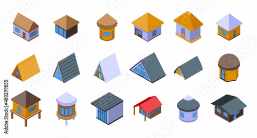 Bungalow icons set isometric vector. African apartment. Cabin cottage