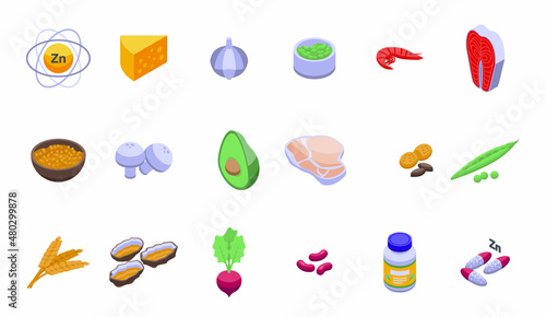 Zinc icons set isometric vector. Mineral supplement. Food vitamin