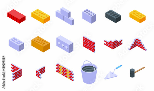 Brick and mortar icons set isometric vector. Construction brick. Drywall stone