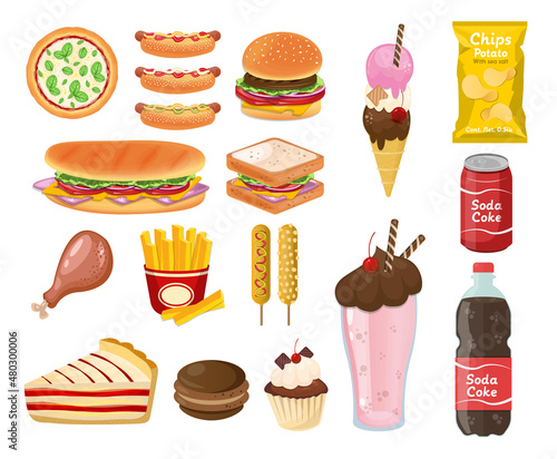 Fast food american concept burger sandwich and french fries style cartoon illustration