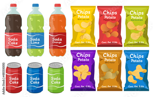 Set bags of potatoes fries with soda drink snack illustration fast food vector