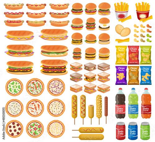 Fast food set concept pizza french fries burger sandwich and american cuisine concept drinks