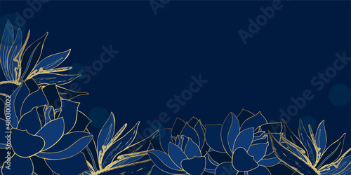 Golden lotus and tropical flowers line arts on blue background. Luxury wallpaper design for prints, banner, poster, cover, digital art vector illustration.
