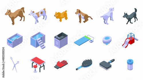 Dogs spa icons set isometric vector. Grooming shower. Spa bath
