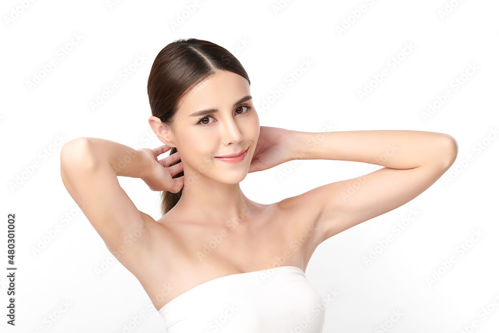 Beautiful Young Asian woman lifting hands up to show off clean and hygienic armpits or underarms on white background, Smooth armpit cleanliness and protection concept