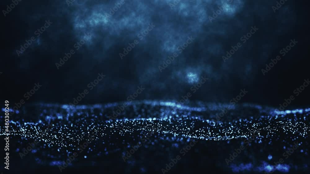 Animated blue light glowing particle flow wave with blurred background. Blue waving particles 3D render 4K.
Animated blue light glowing particle flow wave with blurred background. Blue waving particles 3D render 4K.