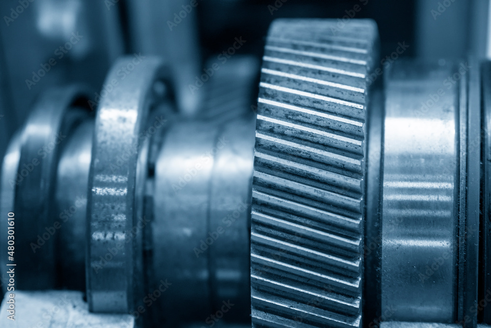 Fototapeta premium Closeup of the gear box in the light blue scene.