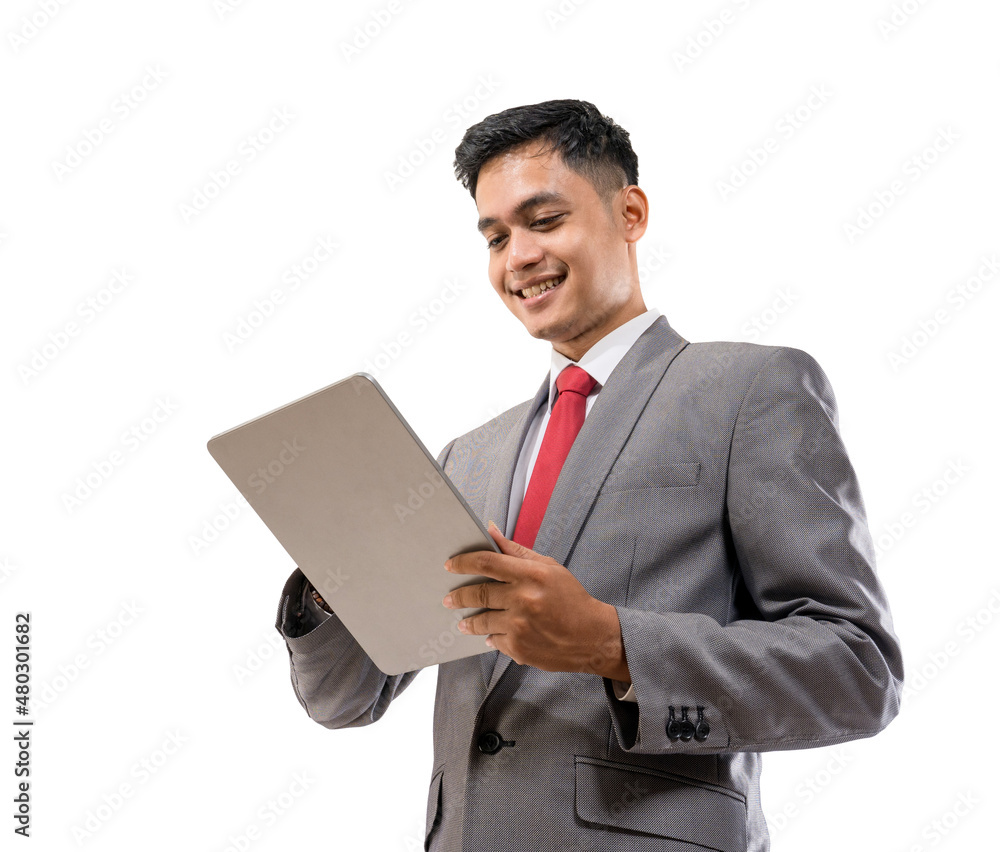 businessman holding tablet pc isolated over white background businessman holding tablet pc isolated over white background