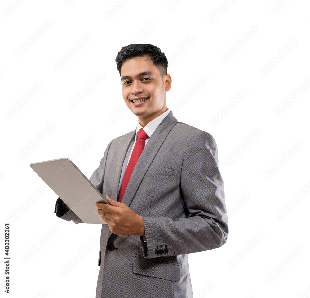 businessman holding tablet pc isolated over white background businessman holding tablet pc isolated over white background