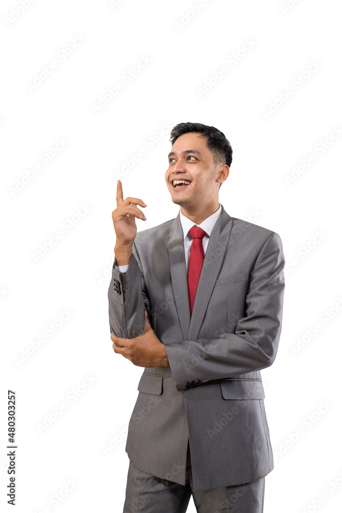 happy young man business showing blank space isolated