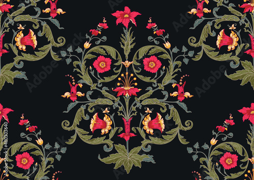 Seamless pattern with stylized flowers In baroque, rococo, victorian, renaissance medieval style. In decorative style. Ethnic patterned ornate hand drawn.medieval style. Vector illustration.