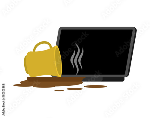 Cup of Coffee spilled Laptop. Spilled tea on keyboard. Spoiled PC