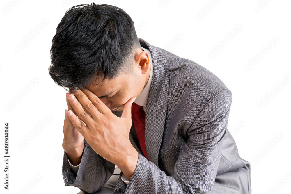 stressed businessman cover his face while sitting stressed businessman cover his face while sitting