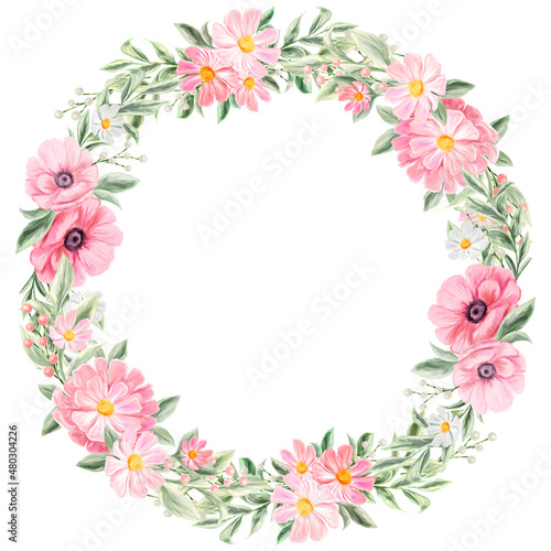 Spring flowers wreath. Isolated clip art element for design of invitations  cards. Arrangement of pink and white wildflowers in the form of a wreath.