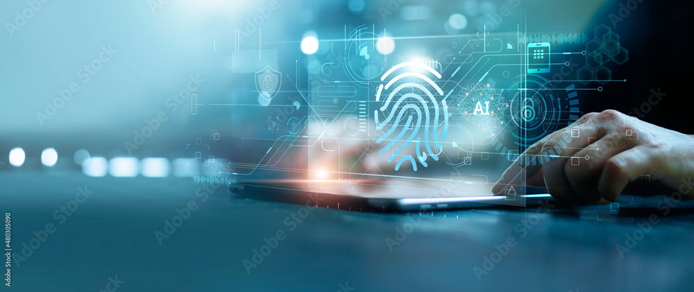 Leinwandbild Motiv - ipopba : Businessman using tablet and fingerprint scanning unlock and access to business data network. Biometric identification and cyber security protect business transaction from online digital cyber attack.