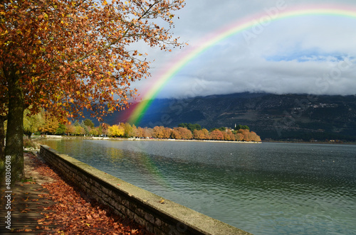 ioannina city in autumn rainbow over the lake pamvotis greece