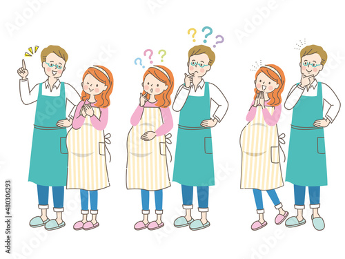 妊娠中の女性とエプロン姿の夫のセット