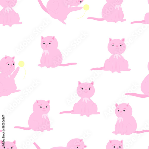 Pink cats in different poses. Vector seamless pattern.