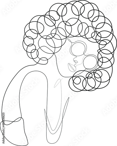 Style woman with curls in glasses line art illustration