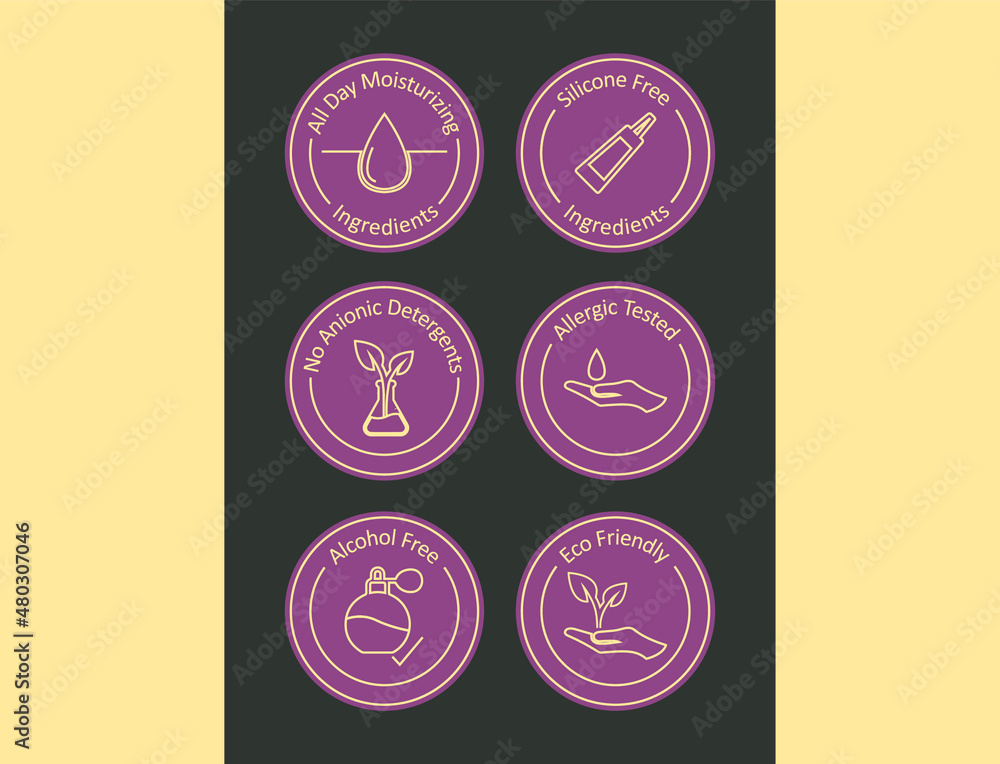 all-day moisturizing, silicone-free, no anionic detergents, allergic tested, alcohol-free, eco-friendly premium icon set vector all-day moisturizing, silicone-free, no anionic detergents, allergic tested, alcohol-free, eco-friendly premium icon set vector