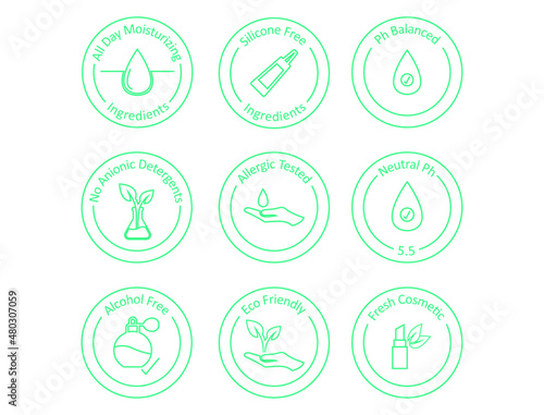 all-day moisturizing, silicone-free, ingredients, ph balanced, no anionic detergents, allergic tested,  neutral ph, alcohol-free, eco friendly, fresh cosmetic premium icon set vector photo