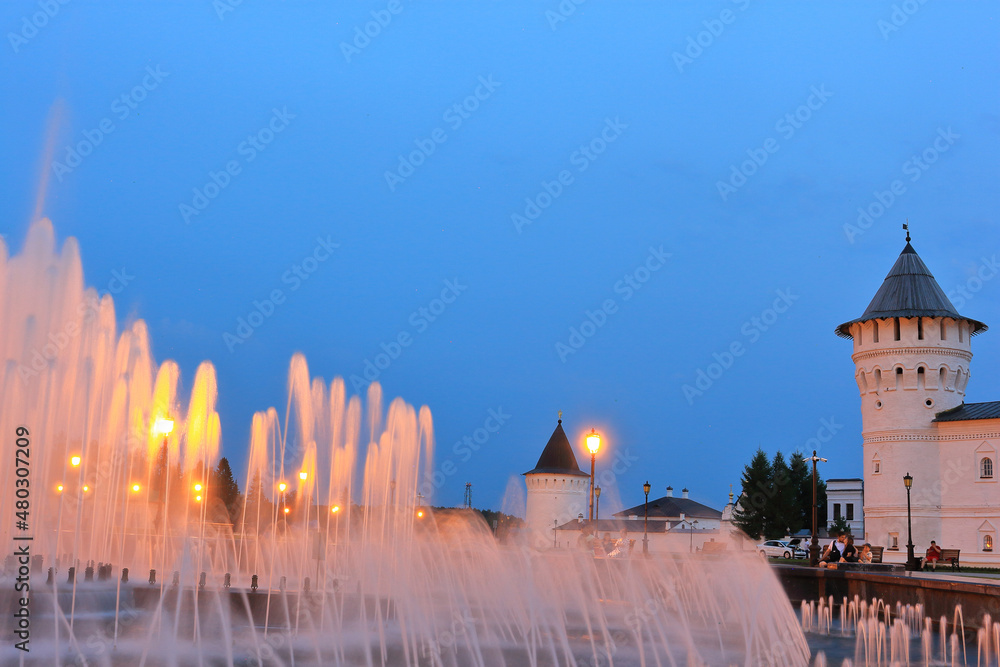 Fountain on the Red Square of the city of Tobolsk against the background of the Tobolsk Kremlin