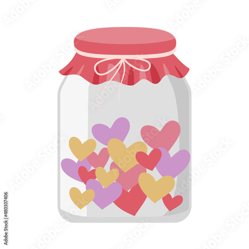 Cute glass jar with hearts inside in flat design. Happy Valentine’s Day. Love in the bottle.