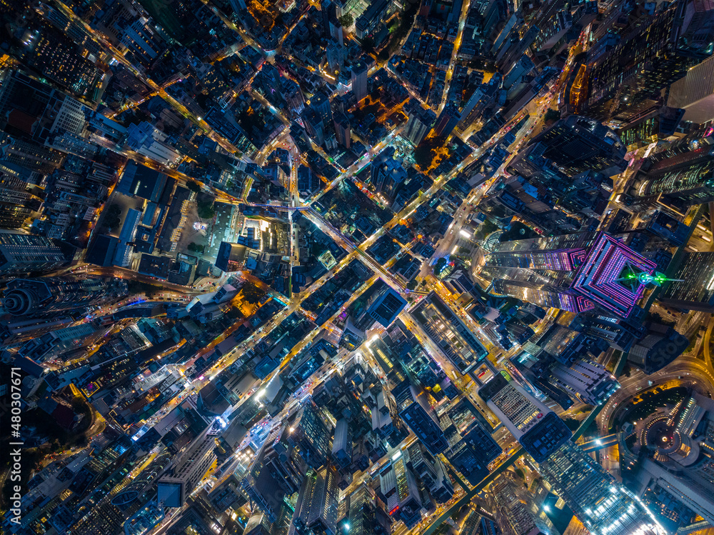 top down view of city at night