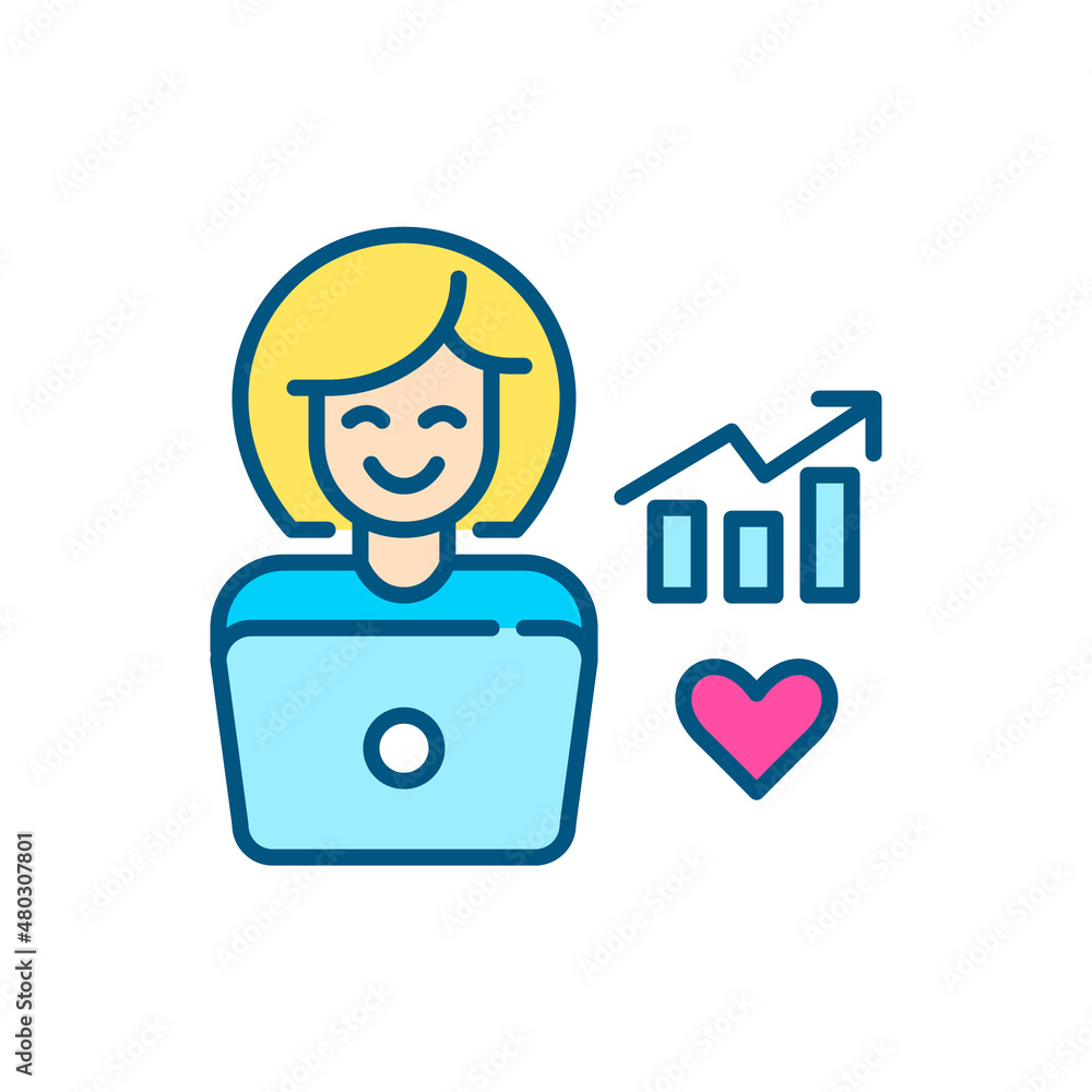 Woman working on a laptop. SMM content manager or blogger creating growth strategies. Pixel perfect, editable stroke color icon Woman working on a laptop. SMM content manager or blogger creating growth strategies. Pixel perfect, editable stroke color icon