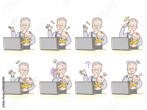 パソコンを見ながら赤ちゃんを抱っこするシニア男性の表情セット