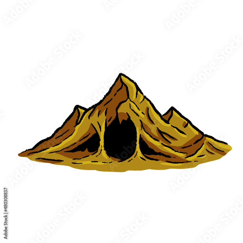 Cave in mountain with stalactites in engraving style. Drawing for map or fairy tale. Hand drawn cartoon illustration